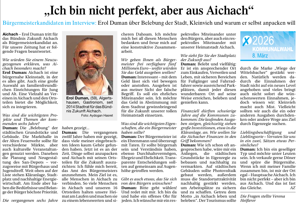 Erol Duman, Interview aus der Aichacher Zeitung